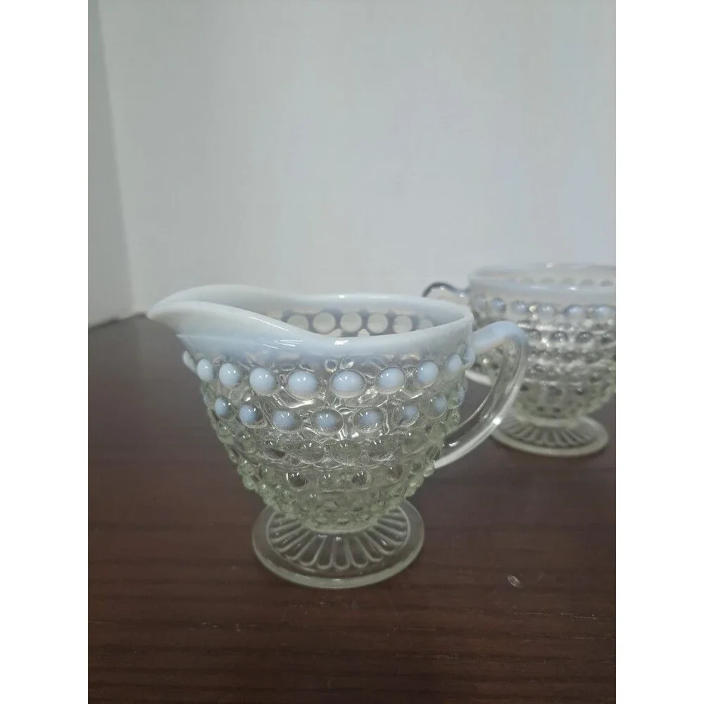 1940s Anchor Hocking Opalescent Hobnail Open Sugar Bowl And Creamer